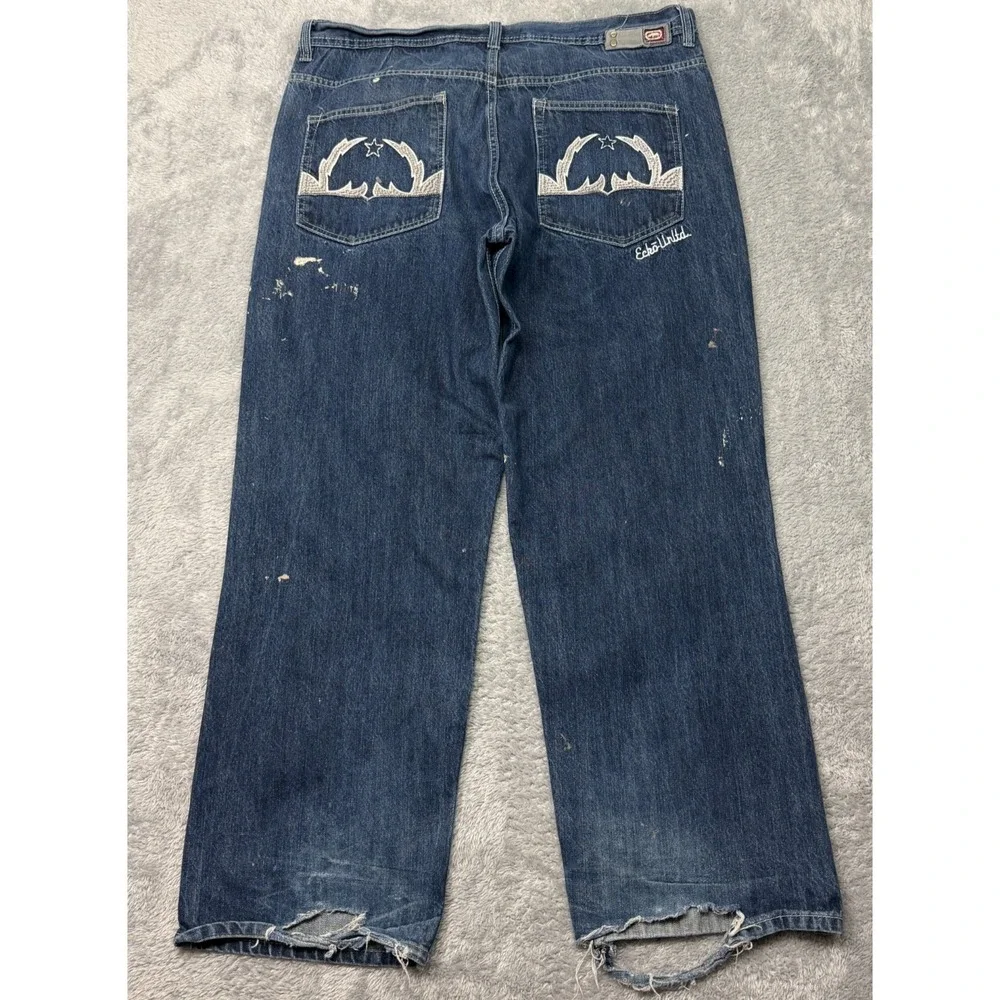 Ecko Untld Wide Leg Jeans Mens 38x31 Blue Baggy Y2K Distressed Denim Skater 90s